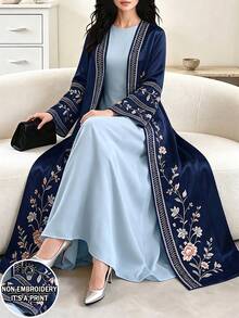 SHEIN Najma 花卉印花海軍藍女款優雅阿拉伯式長袍，春秋時尚長袖開襟長版開襟外套，阿拉伯風情服飾 - 彩色 - 查看 1