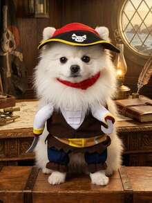 PETSIN 1 PC Halloween Pet Pirate Costume Cosplay With A Hat, Cat And Small Dog In Two Pieces Clothing - Brown - View 2