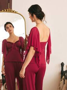 Côtesoire Women's Sexy Elegant Romantic Lace Contrast Mesh Ruffle Sleeve Comfortable Knit Pajama Set - Burgundy - View 2