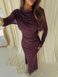 Aloruh Women's Solid Color Pleated Slim Fit Long Sleeve Evening Dress - Burgundy - View 6