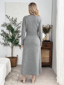 EMERY ROSE Women's Button Front Knit Cardigan & High Waist Skirt Set, Crew Neck Long Sleeve Sweater Two Pieces Outfit For Fall Winter - Grey - View 2