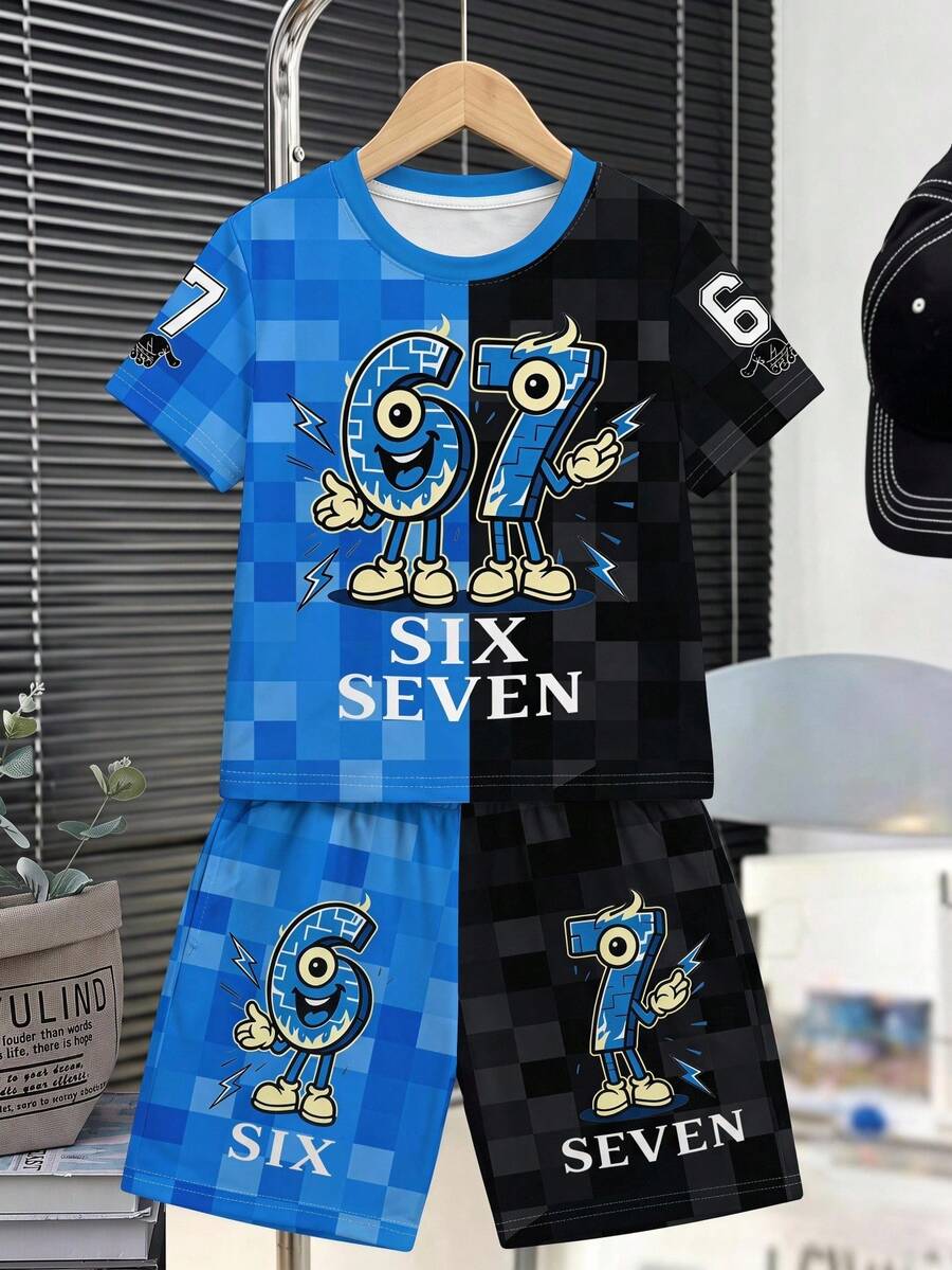 1套青少年男孩春夏季新款卡通印花套裝,藍黑格紋對比設計搭配67號數字,趣味酷炫時尚百搭風格,適合夏季穿搭、拍照及送禮 - 彩色 - 查看 1