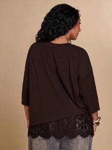 SHEIN BAE CURVE Plus Size Lace Patchwork Casual Loose T-Shirt - Brown - View 2
