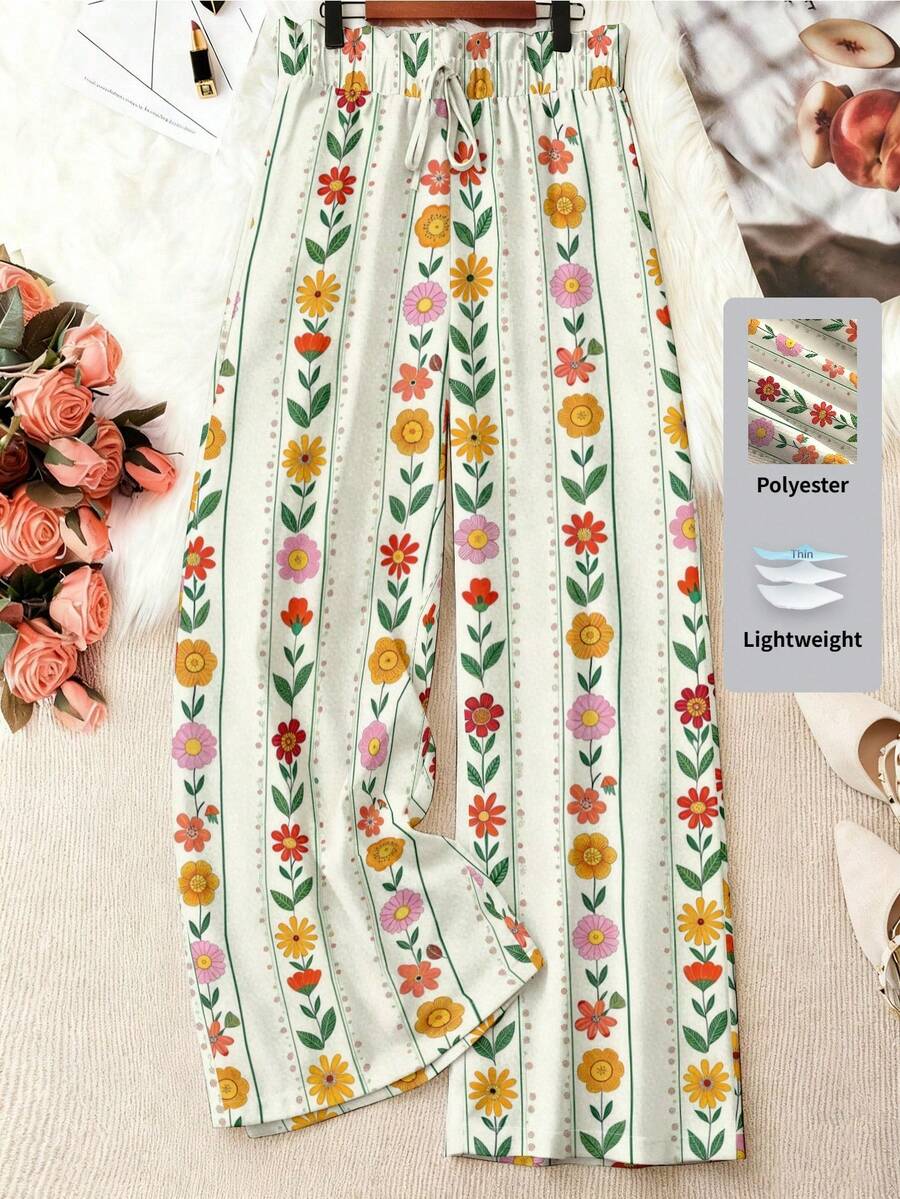 EMERY ROSE Plus Size Women's Floral Print Wide Leg Pants, Vacation Style Fall - Multicolor - View 1