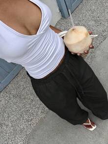 SHEIN EZwear 休閒極簡寬腿長褲 - 黑色 - 查看 6
