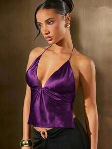 Hauture Satin Low Neck Backless Holiday New Year Party Top - Purple - View 1