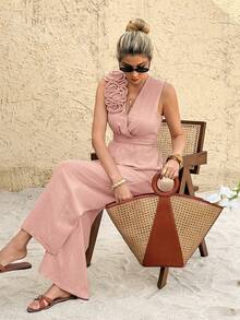 SHEIN Frenchy Celana Panjang Terusan Wanita Model Longgar dengan Hiasan 3D untuk Liburan - Baby Pink - View 5