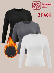 SHEIN EZwear 3 件/套大码女式天鹅绒保暖修身长袖 T 恤，多色保暖 - 彩色 - 查看 2