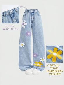SHEIN Girlism 青少年女孩 Y2K 立體花卉圖案藍色寬鬆舒適牛仔褲 - 藍色 - 查看 1