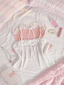 Slumberry CURVE Plus Size Women Sweet Lace Camisole Nightwear Top 2pcs/Set Light Pink White Summer Night - Multicolor - View 3
