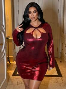 NU&NOW Plus Size Metallic Cutout Bodycon Mini Dress Long Sleeve Hollow Out Chest Party Club Pencil Dress Fall - Red - View 1