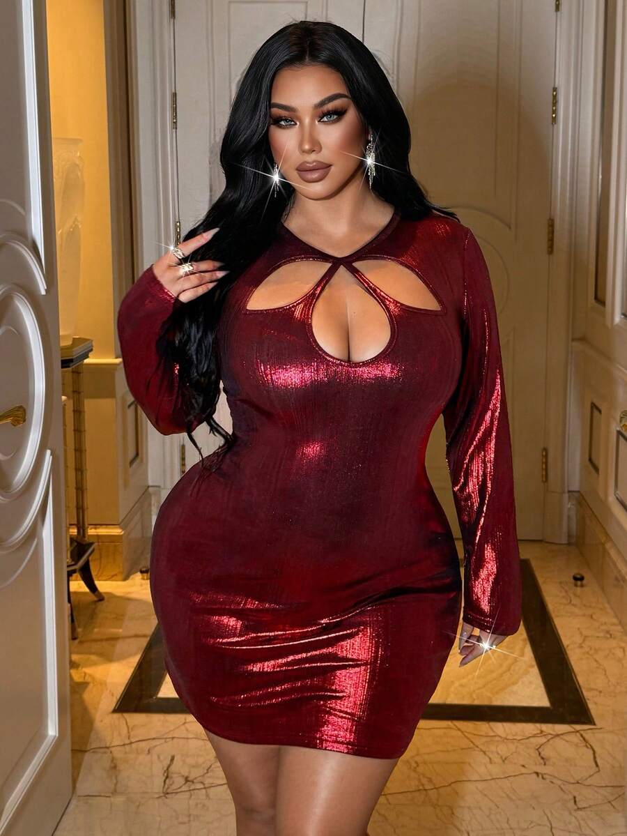 NU&NOW Plus Size Metallic Cutout Bodycon Mini Dress Long Sleeve Hollow Out Chest Party Club Pencil Dress Fall - Red - View 1