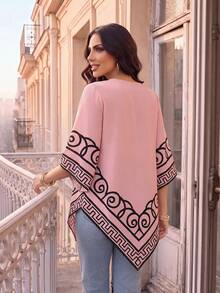 SHEIN Lady Women's Round Neck 3/4 Bell Sleeve Geometric Print Asymmetric Hem Loose Blouse - Multicolor - View 2