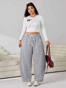 Solflare Casual Versatile Grey Curved Leg Plus Size Sweatpants - Light Grey - View 4