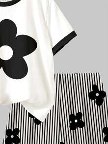 2pcs/Set Teen Girls Casual Floral & Striped Pattern Round Neck T-Shirt And Shorts Set,Black And White,Summer,Streetwear,Holiday,Spring,Daily Wear - Multicolor - View 5