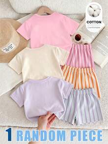 (1 Random Pc) Girls Casual Fashion Cartoon Yellow Lemon Colorful Floral Design Pink Letter Slogan Pattern Basic Short T-Shirt Purple Beige Pink Fruit Vacation - Pink - View 2