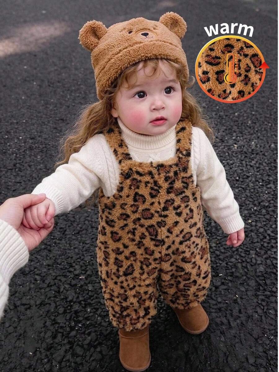 SHEIN 女嬰卡通動物豹紋保暖內裡加厚連身長褲,適合秋冬冬季 - 彩色 - 查看 1