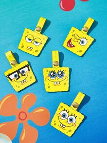 SpongeBob SquarePants | SHEIN Yellow Square Cartoon Leather Cable Organizer Set Of 5, Snap-Button Design For Earphone & Cable Storage, Anti-Tangle Desk Tidy With Assorted Expressions - Yellow - View 2