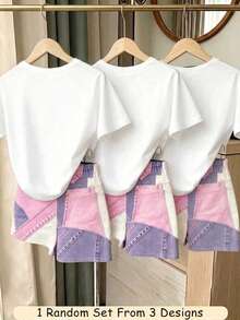 SHEIN 1組隨機款 2件組女童幼兒夏季新款軟布料愛心蝴蝶結印花圓領短袖T恤與鬆緊腰寬鬆短褲，簡約 - 彩色 - 查看 2