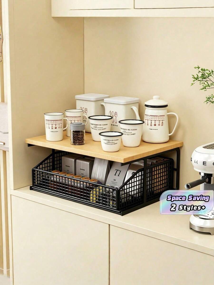 1PC Double Layer Sturdy Metal Frame Drawer Design Durable Space Saving Multifunctional Black Storage Shelf Rack For Kitchen Office Apartment Home Desk Storage Organizer Space Saver - Multicolor - View 1