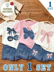SHEIN Vintaside Kids 1件隨機款式女嬰時尚甜美櫻桃蝴蝶結印花短袖圓領T恤與印花短褲套裝 - 彩色 - 查看 1