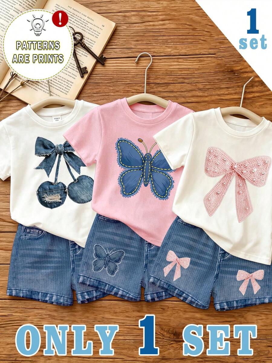 SHEIN Vintaside Kids 1件隨機款式女嬰時尚甜美櫻桃蝴蝶結印花短袖圓領T恤與印花短褲套裝 - 彩色 - 查看 1