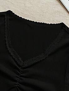 INAWLY Women's Solid Color Lace Ruffle Fitted Casual T-Shirt - Black - View 7