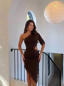 Aloruh Women's Elegant Sexy Fitted Waist Lace Patchwork One Shoulder Cold Shoulder Dark Brown Solid Color Mini Dress Night Out Date Night Summer - Coffee - View 2