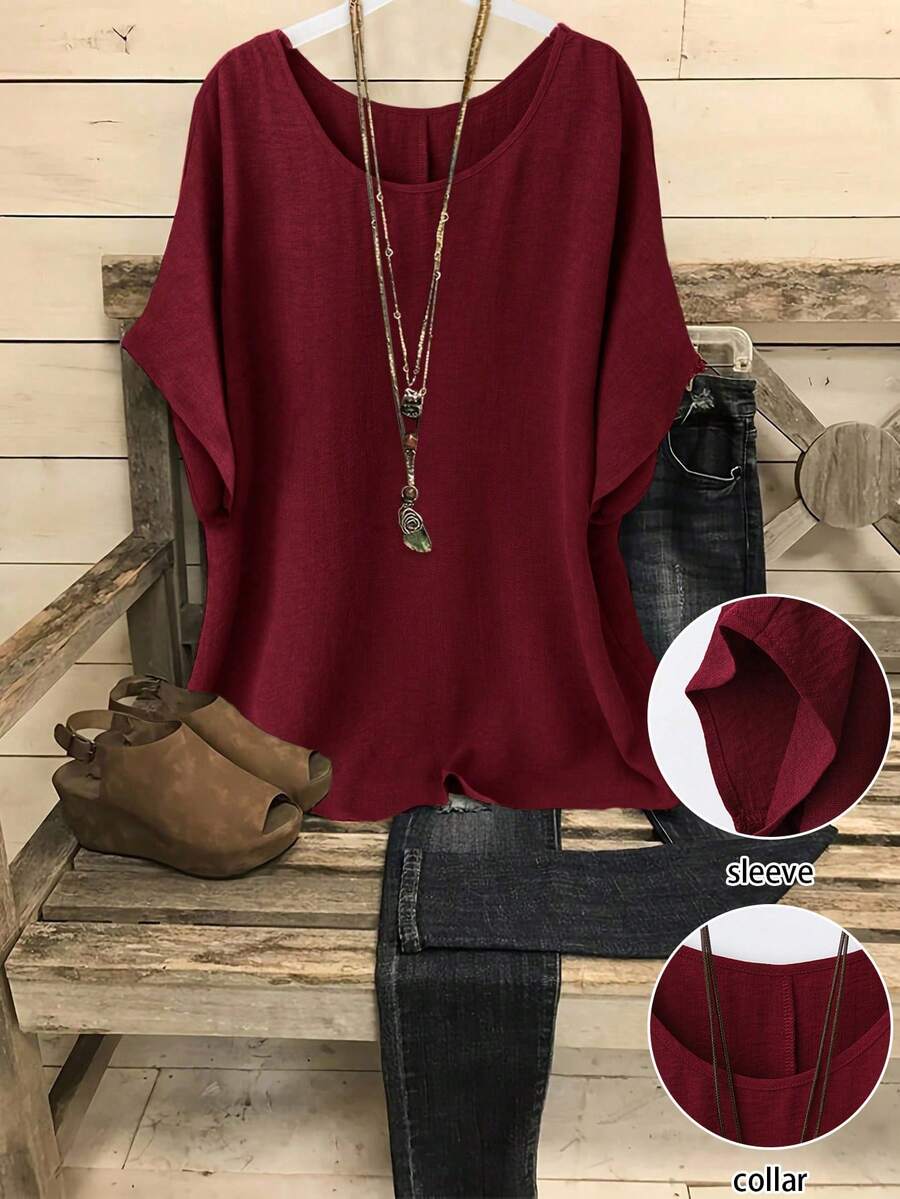 Linhara Plus Size Casual Vacation Solid Color Batwing Sleeve Shirt - Red - View 1