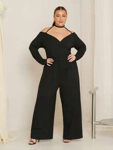Lele Munniz Plus Size Frilya Women Solid Color Off-Shoulder Ruched Wide Leg Jumpsuit - Black - View 1