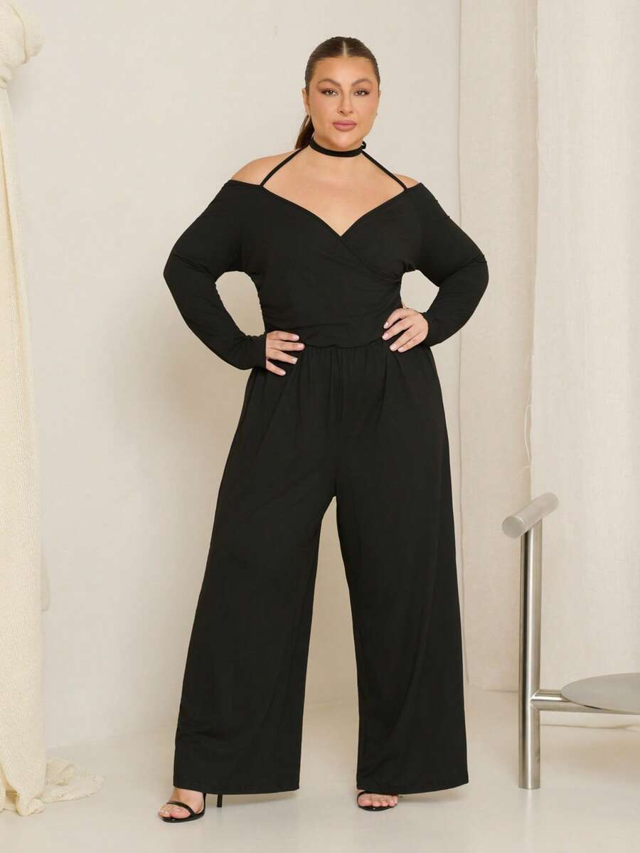 Lele Munniz Plus Size Frilya Women Solid Color Off-Shoulder Ruched Wide Leg Jumpsuit - Black - View 1