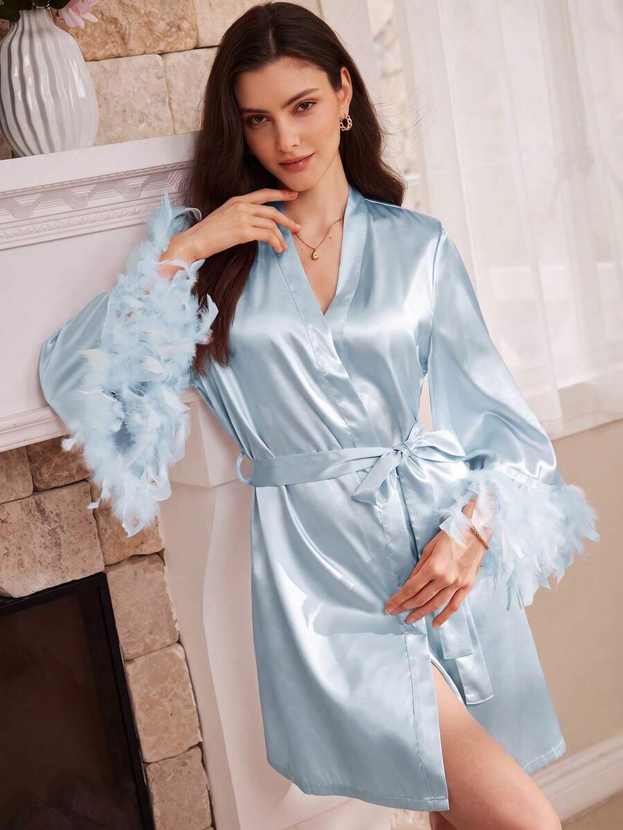 Moireta Fuzzy Decor Satin Women's Robe - Dusty Blue - View 1