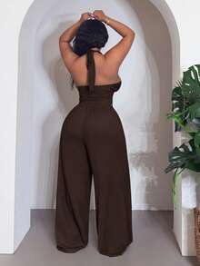 Veslaya Plus Size Women Solid Color Halter Neck Tank Top And Waist Tie Wide Leg Pants Casual 2 Pieces Set - Rust Brown - View 2