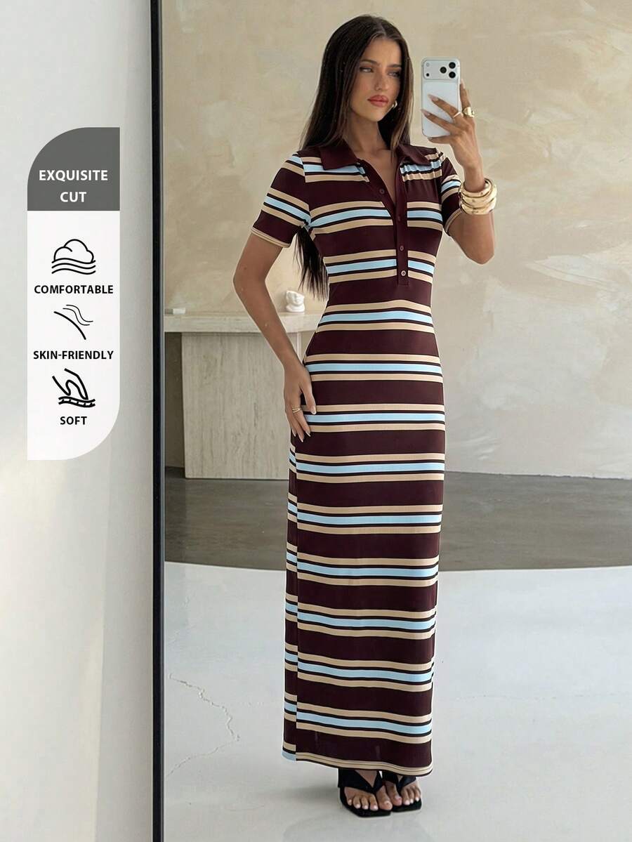 Aloruh 女款鈕扣半開襟短袖休閒條紋長洋裝 - 彩色 - 查看 1