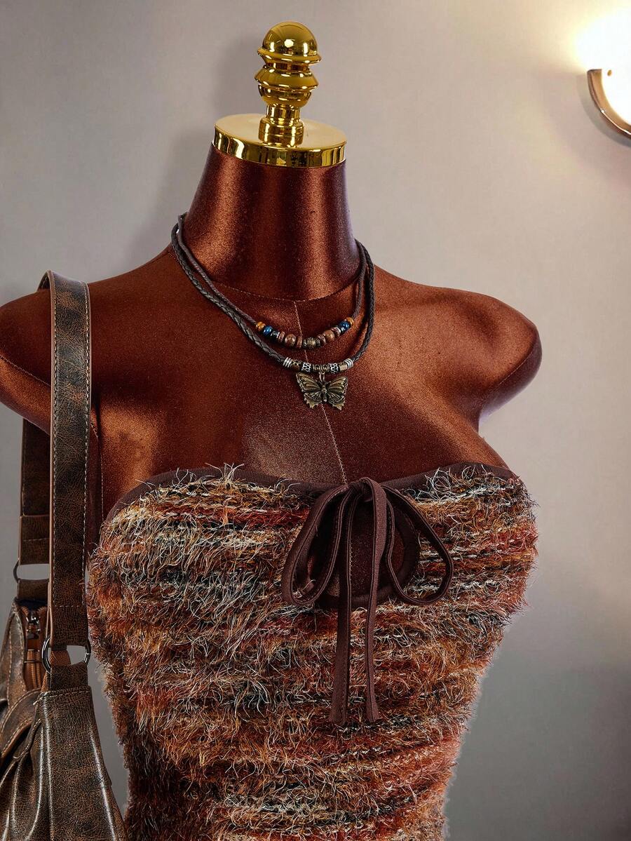 Amplova Bohemian Style Textured Fabric Cutout Bust Tie-Up Bodycon Bodycon Dress - Brown - View 1