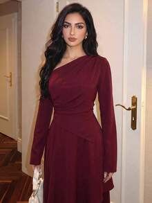 Feyla Women's Solid Color Asymmetrical Shoulder Pleated Casual Daily Summer Midi Dress - Burgundy - View 3