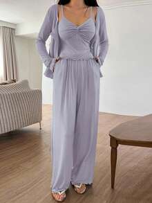 DAZY 3pcs Solid Color Knit Twist Design Camisole Cardigan & Pants Women Pajama Set - Mauve Purple - View 6