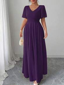 Elenzga Plus Size Women's V-Neck A-Line Chiffon Dress With Ruffle Sleeves, Elegant And Romantic - Purple - View 5