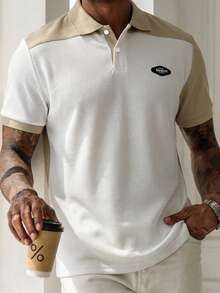 STEELVANCE Men's Knitted Jacquard Solid Color Textured Patchwork Collar And Cuffs Ribbed Large Patchwork Polo Shirt - White - View 1