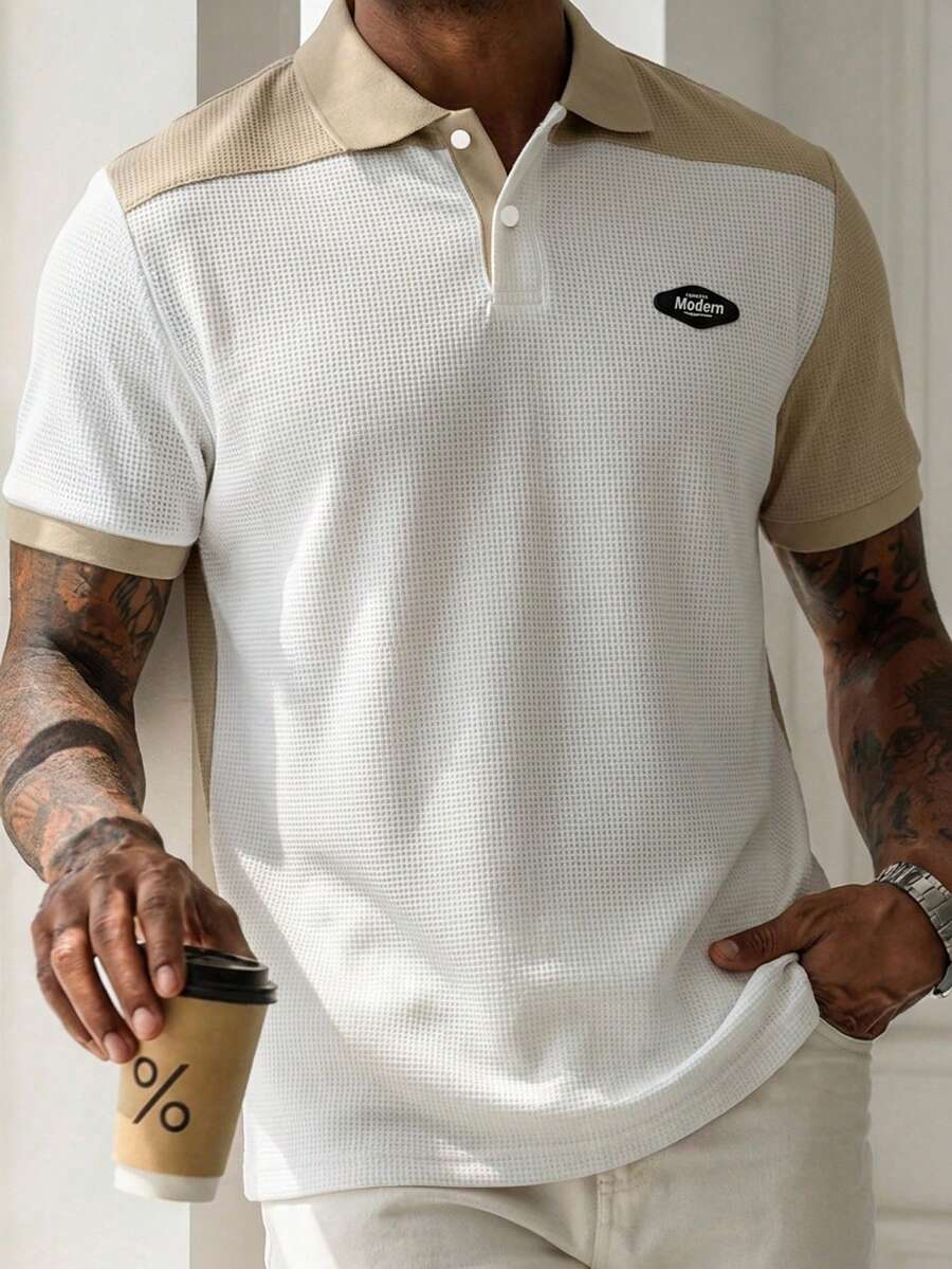 STEELVANCE Men's Knitted Jacquard Solid Color Textured Patchwork Collar And Cuffs Ribbed Large Patchwork Polo Shirt - White - View 1