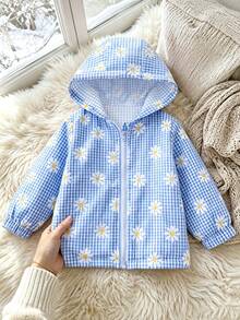 SHEIN Elladie kids 女童格紋連帽外套，休閒可愛學院風，適合秋季返校、戶外運動與日常穿搭，舒適造型 - 藍色 - 查看 1