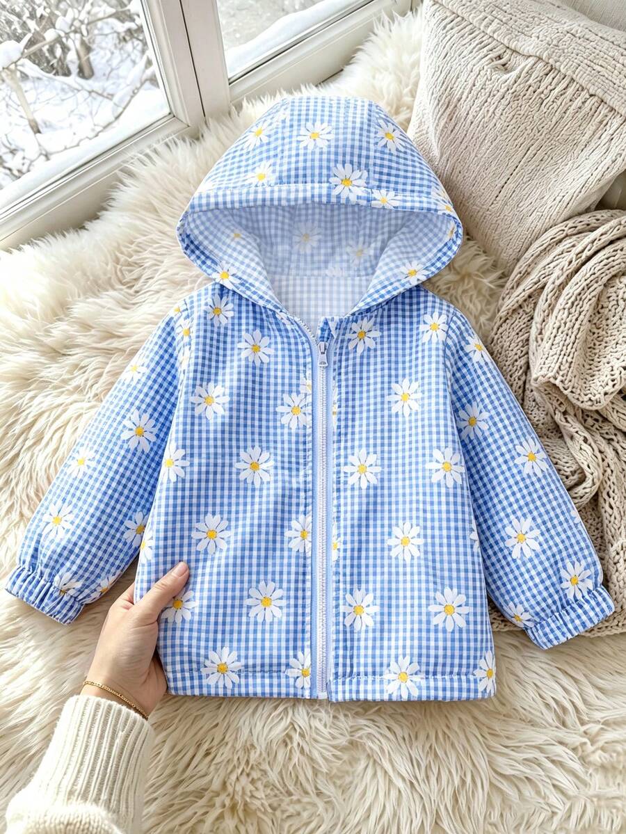 SHEIN Elladie kids 女童格紋連帽外套,休閒可愛學院風,適合秋季返校、戶外運動與日常穿搭,舒適造型 - 藍色 - 查看 1
