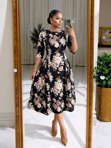 SHEIN Lady Plus Size Women's Floral Print 5-Sleeve Round Neck Elegant Dress High Tea Evening Party Black Summer - Multicolor - View 5