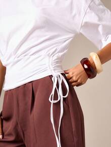 AiiRZ Cinch Waist Drawcord Ruched Crop T-Shirt Gathered Neckline Elbow Sleeve Casual Summer Top - White - View 5