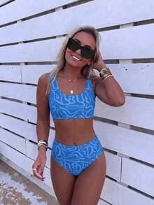 SHEIN Swim Mod 女款度假海灘全印花泳衣套裝 - 藍色 - 查看 1