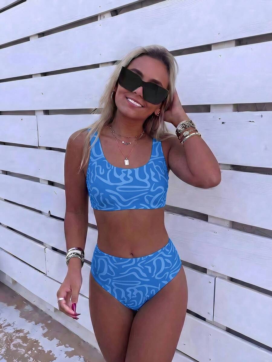 SHEIN Swim Mod 女款度假海灘全印花泳衣套裝 - 藍色 - 查看 1