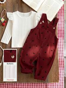 SHEIN Vintaside Kids 女嬰燈芯絨吊帶褲套裝，秋冬加厚保暖愛心刺繡吊帶褲 + 保暖刷毛針織內搭層，2件套，新款可愛女嬰服飾 - 酒紅色 - 查看 3