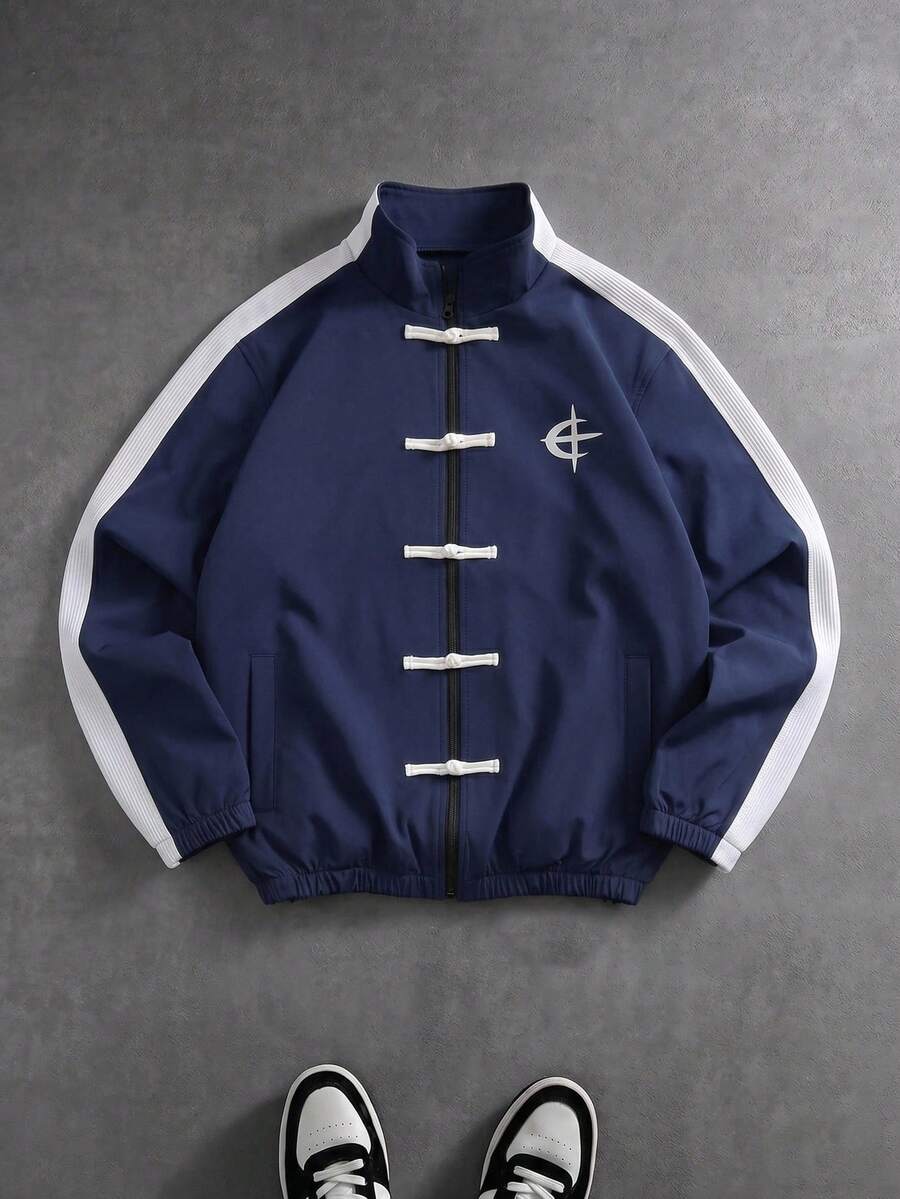 PAVTROS Men's Plus Size Contrast Color Frog Button Casual Daily Long Sleeve Jacket - Blue - View 1