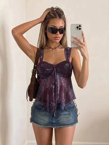 SHEIN ICON 女款全印花百褶休閒日常穿搭上衣 - 紫色 - 查看 3