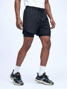 Nelvento Soul Manfinity Fitness 男士抽繩腰 2 合 1 運動彈性短褲，附手機口袋，輕量健身籃球短褲，黑色 - 黑色 - 查看 3